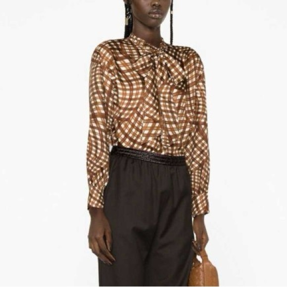 Tory Burch Abstract Gingham Check Pattern Silk Tie Blouse New Size 4 - Picture 13 of 13